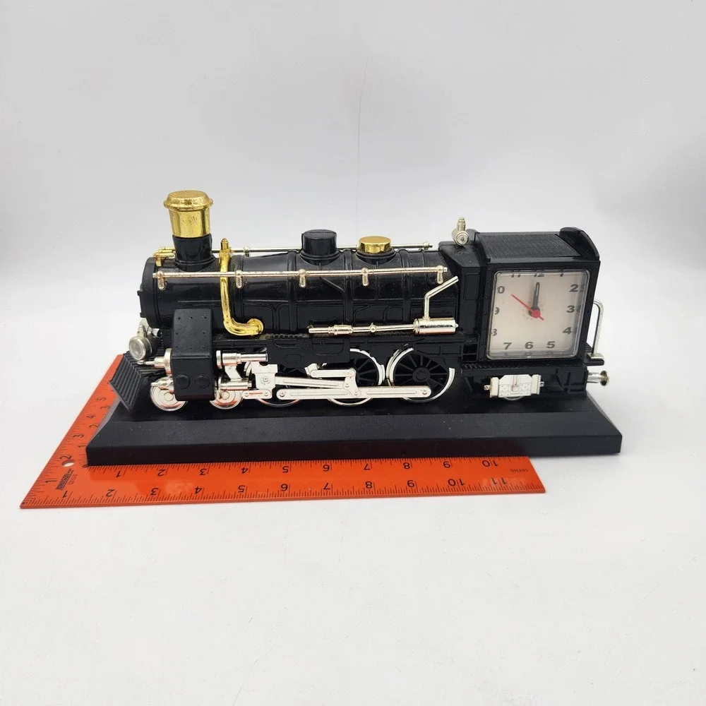 Vintage Steam Locomotive Train Desk Clock Black Gold Silver Tone Decor 11 Inch
